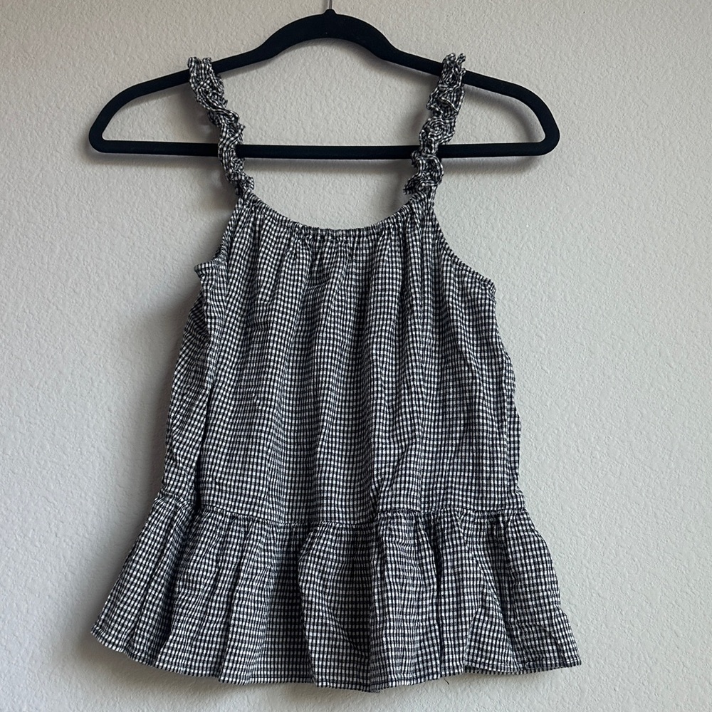 Madewell Black and White Gingham Ruffle Strap Top